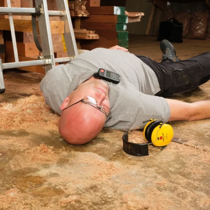 Man ligt op de grond in een werkplaats