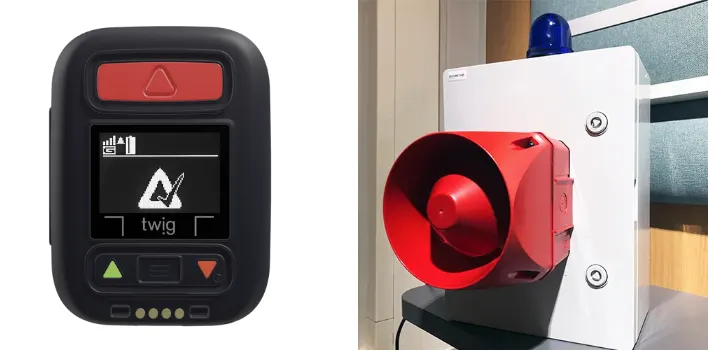 Links een foto van de SecureCube alarmknop van Secure2Go en rechts een signal unit