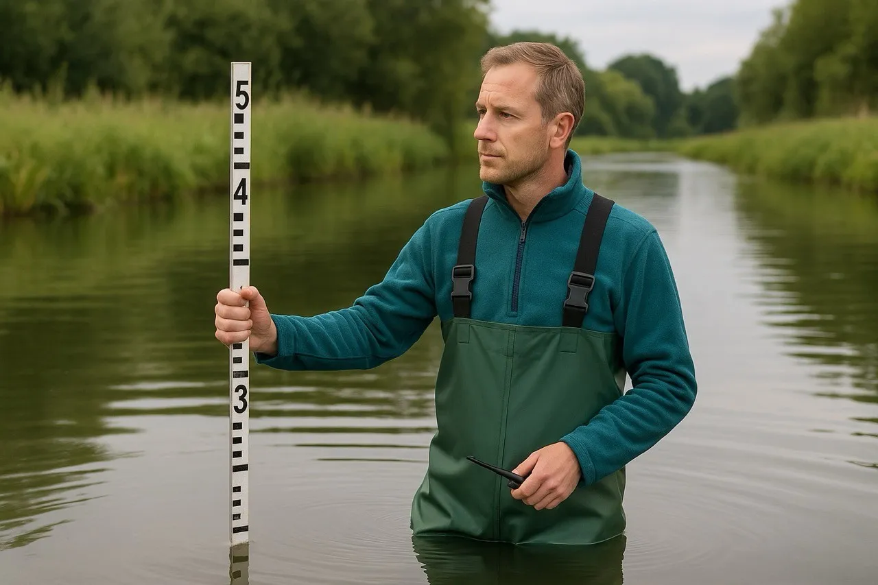 Medewerker van het waterschap met lieslaarzen in het water